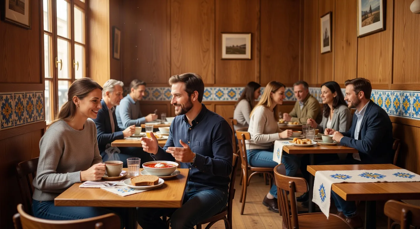 Café ukrainien à Paris avec clientèle mixte autour d'un brunch slave