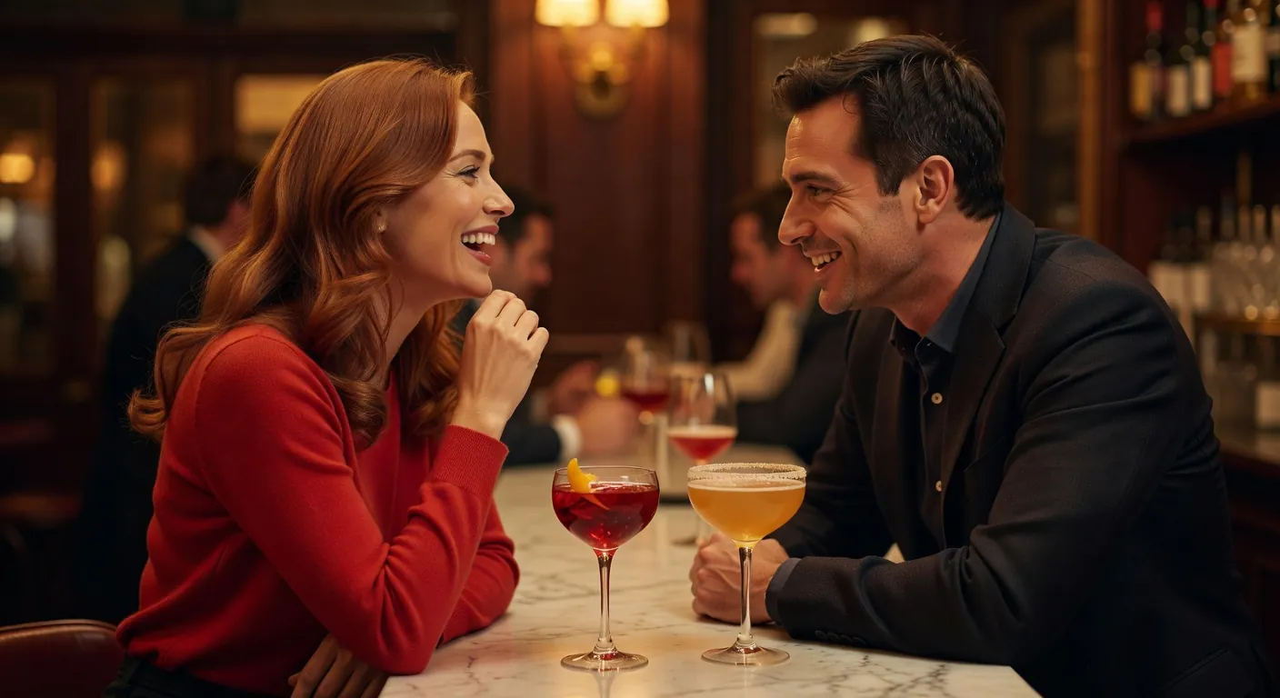 Conversation entre un homme et une femme dans un bar parisien après une approche réussie
