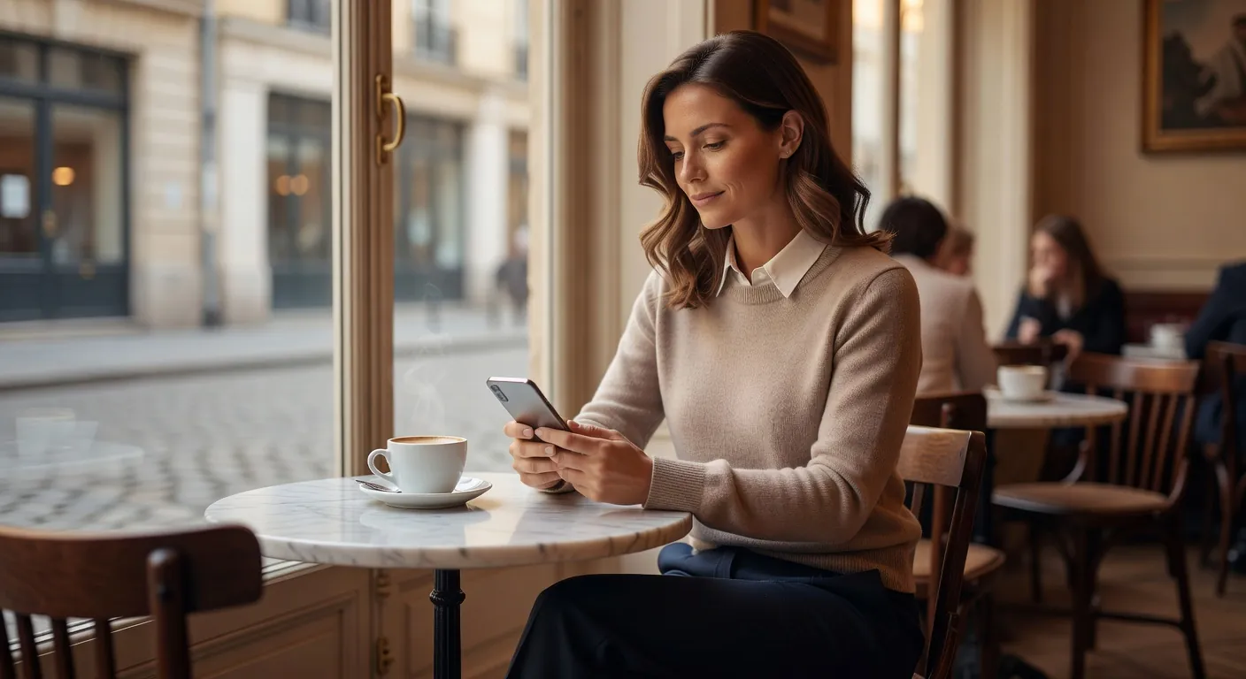 Femme française d'une trentaine d'années consultant une application de rencontre dans un café